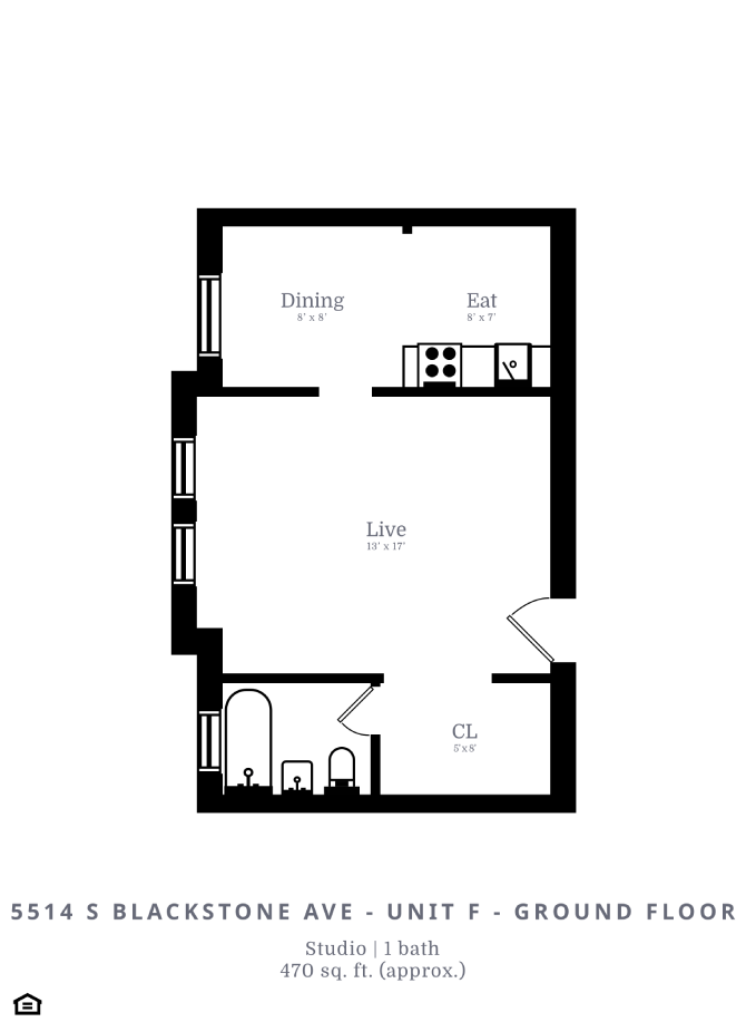 Floor plan for studio, 1 bath, 475 sqft